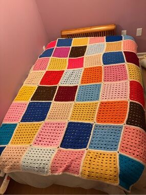 Vintage Colorful Crochet Afghan Queen Size Retro Patchwork Blanket
